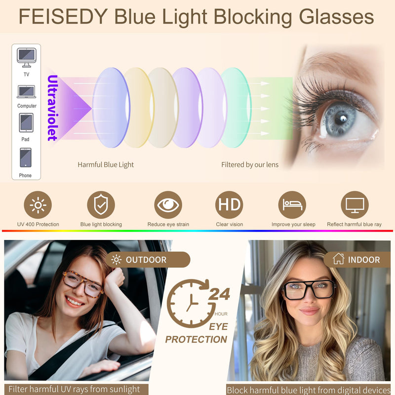 FEISEDY Blue Light Blocking Glasses, Aviator Frame Computer Reading/Gaming/TV/Phones Glasses for Women Men B0165 Black Frame 50 Millimeters