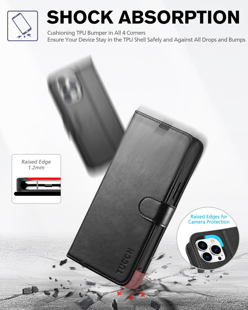TUCCH Case for iPhone 13 Pro Max 5G, Shockproof TPU Synthetic Leather Case [RFID Blocking] Wallet, Stand Function Magnetic Clasp Cover Compatible with iPhone 13 Pro Max (6.7 inch, 2021) – Black