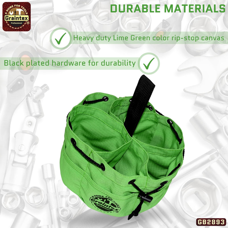 Graintex 18 Pockets Grab Bag Rip-stop Canvas Drawstring Closure, Small Part Organizer Pouch, Small Tools, Screws, Parts, Parachute Tool Bag for Efficient Storage - Lime Green