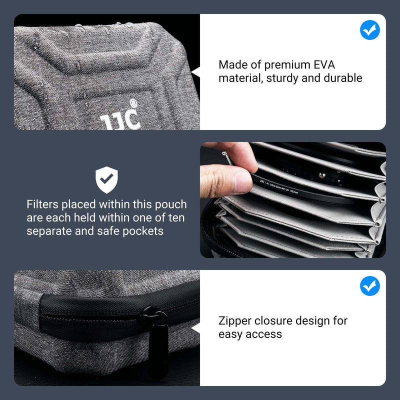 JJC 10 Pockets Hard Shell Lens Filter Bag Up to 95mm, Water Resistant & Dustproof, Camera Filter Pouch with Microfiber Cleaning Cloth, Filter Carrying Case for Photography Filter Round Filter 10 Pockets-Up to 95mm