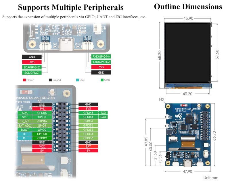 ESP32-S3 2.8inch Display Development Board, 480×640, IPS LCD, 32-bit LX7 Dual-Core Processor, Supports W-F-i & Blue-Too-th, ESP32 with Display (No Touch)
