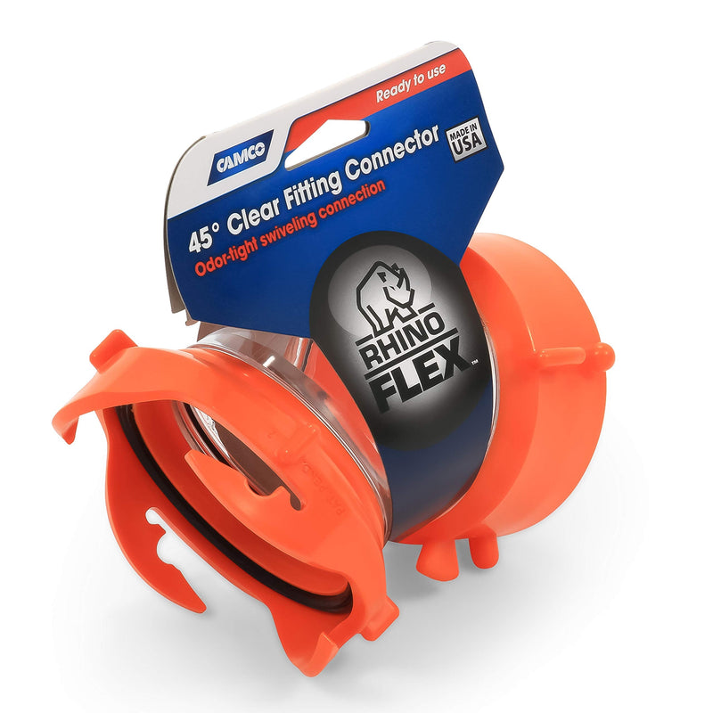 Camco RhinoFLEX Clear 45-Degree Camper/RV Sewer Hose Swivel Fitting - Features a Swivel Lug Fitting & a 4-Prong Bayonet Fitting - Made of Heavy-Duty Resin (39847) 45 Degree