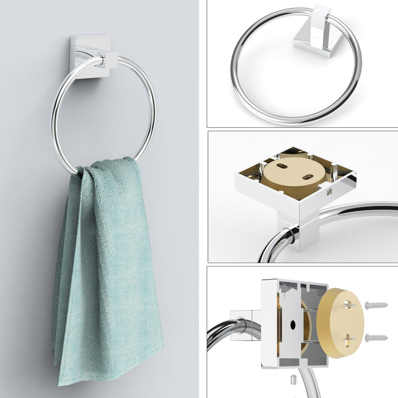 Ruacq Chrome Toilet Paper Holder Towel Ring Bathroom Accessories Hardware Set Double Post Pivoting Toilet Roll Holder Square Stainless Steel and Zinc Alloy Modern Wall Mounted 2 Pieces 2pcs