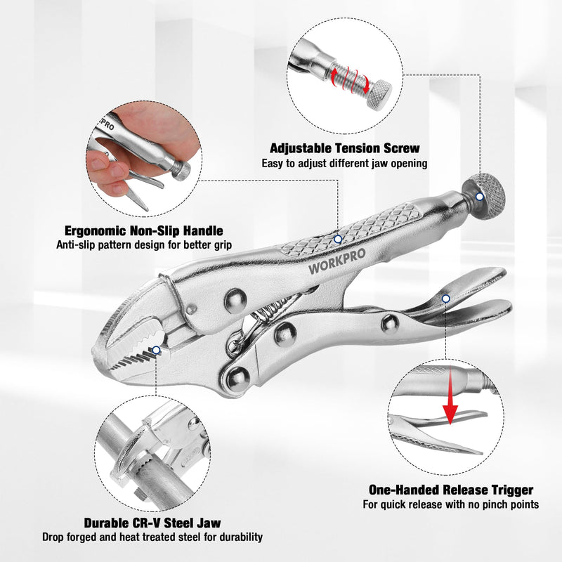 WORKPRO Locking Pliers, 4-inch Curved Jaw Vice Grips pliers, Chromium-Vanadium Steel Locking Pliers with Wire Cutter, Locking Adjustable Vise Grips for Clamping Twisting Welding 4"