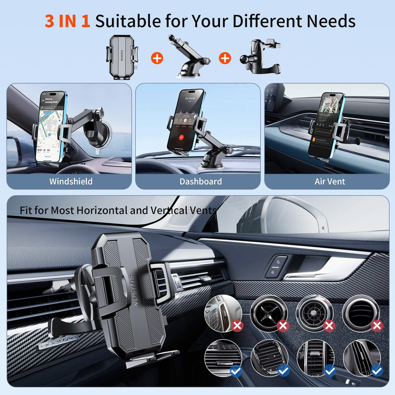 Upgraded 3-in-1 Car Phone Holder Mount [Powerful Suction] Phone Mount for Car Dashboard Air Vent Windshield,for All iPhone Android Phone (Black)