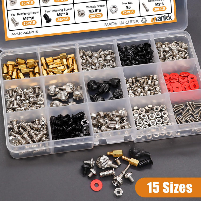 mankk 502PCS Computer Screw Assortment Kit Motherboard Standoffs Screws Laptop Screws for HDD Hard Drive,PC Case,Fan,ATX Case, SSD,CD-ROM