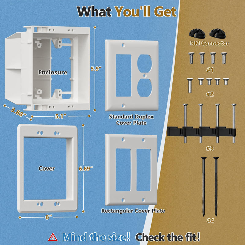 TVBU505-1 Recessed Outlet Box, 2Pcs Recessed Electrical Box for Wall Mount TV, Outlet Mounting Box for New Construction&Retrofit Projects, Wall Outlet Box with Duplex & Decorator Style Covers,2-Gang 2-Gang, 2 Pack