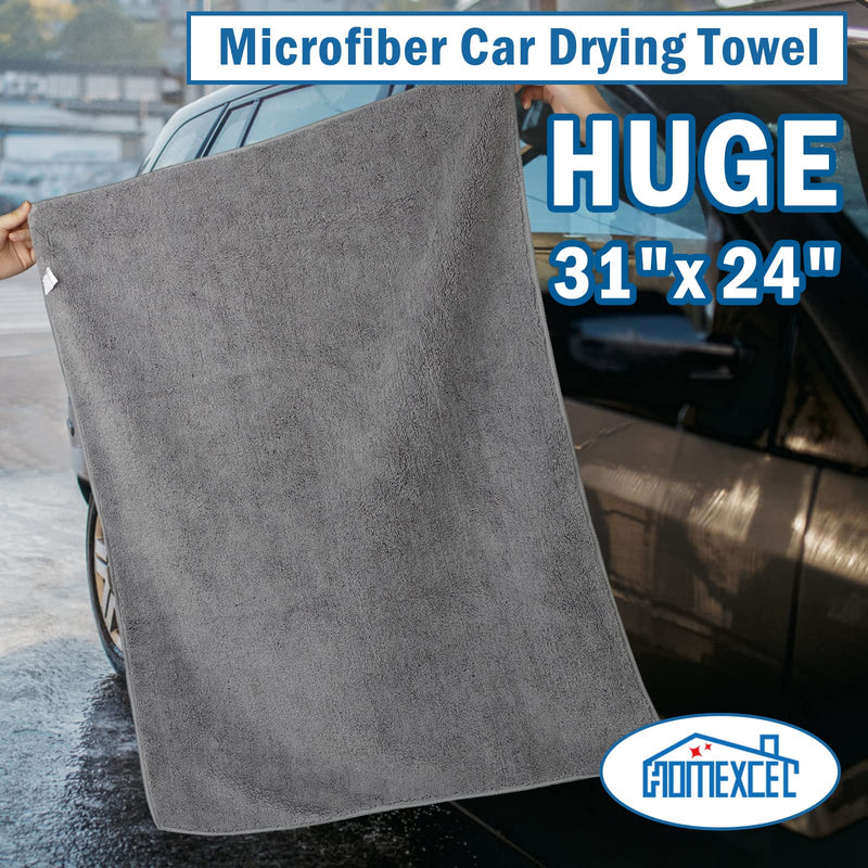 HOMEXCEL Professional Large Microfiber Car Drying Towels 2 Pack, Lint Free, Scratch Free, Highly Absorbent Drying Towel for Cars, SUVs, RVs, Trucks, and Boats,31" x 24",Grey Pack of 2