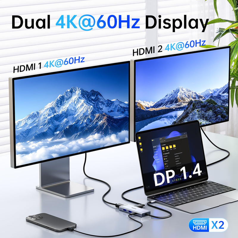 Docking Station to Dual HDMI Monitor, USB C to Dual HDMI Adapter, USB-C HUB with 2xHDMI Ports 4K 60Hz, 100W PD Charging, USB-A&C 3.0, Laptop Docking Station Compatible with Dell, HP, Lenovo, and More 6 in 1