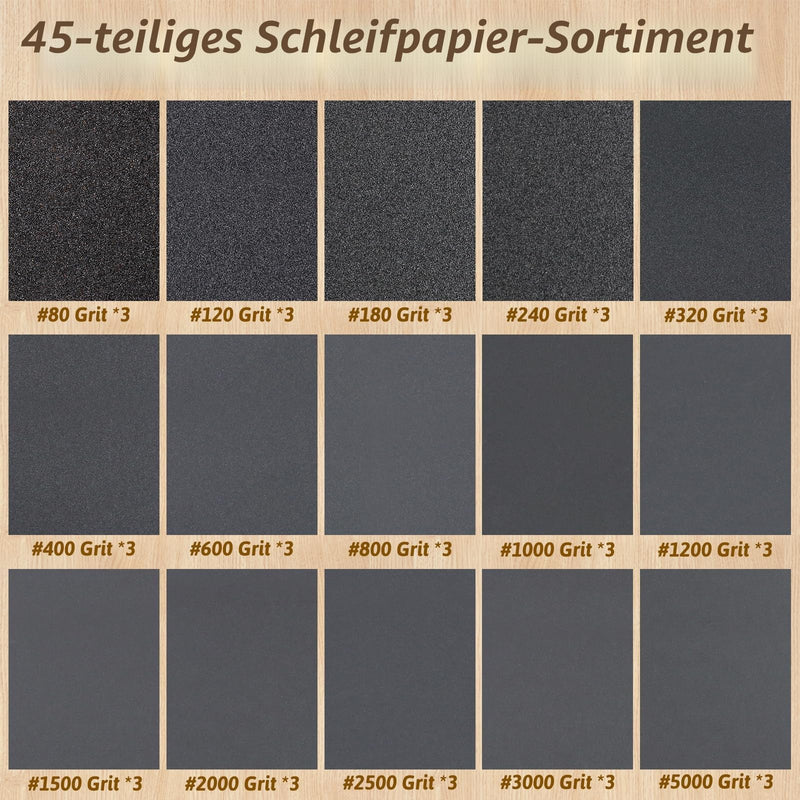 Sandpaper Set of 45 Wet and Dry Sandpaper 23 x 9 cm with 80-5000 Grit Fine Sandpaper for Wood, Metal, Car, Paint, Stone, Glass and Furniture 23x9 cm
