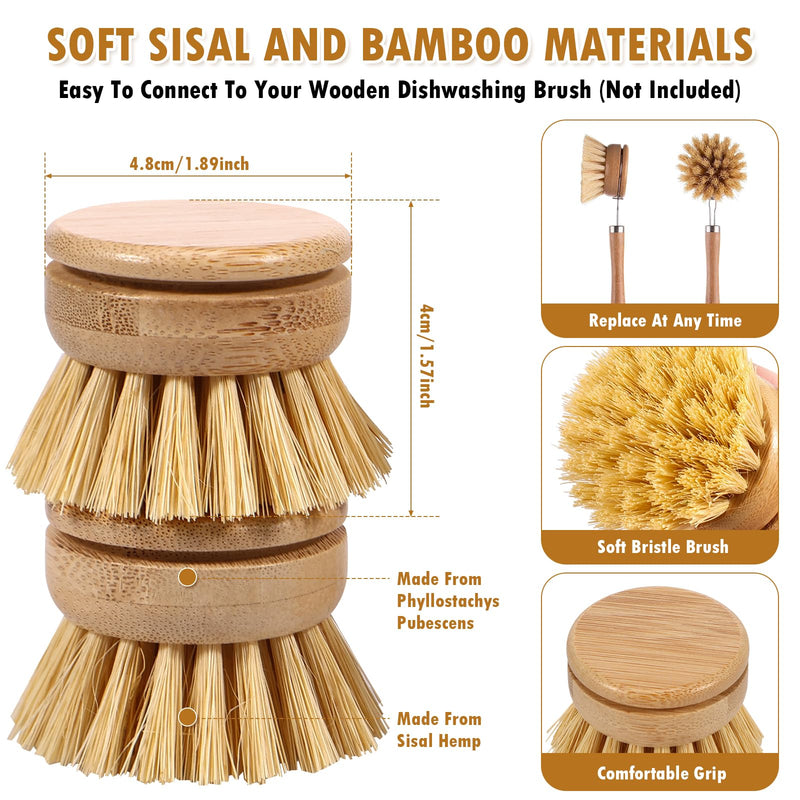 Bamboo Dish Brush - 6 Replacement Heads, Soft Sisal Bristle Scrubber, Brush for Kitchen Cleaning