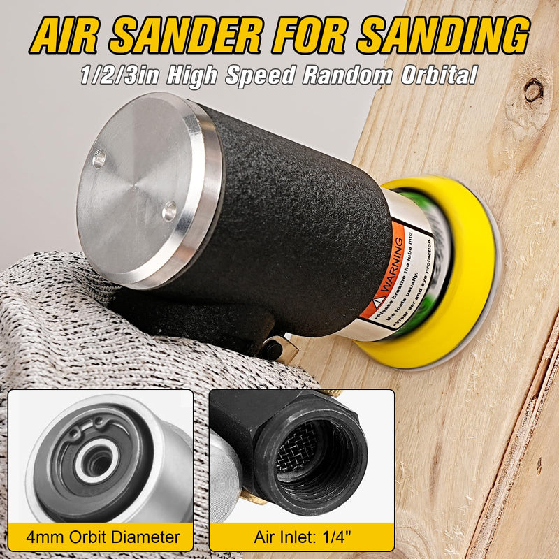Mini Air Sander 1/2/3 Inch Pneumatic Small Orbital Sanders for Auto Body Work, Metal, Paint Removal, Wood, Mini Polisher with 45PCS Sanding Discs + 3PCS Backing Pads, Air Powered 1"2"3" Sander Kit