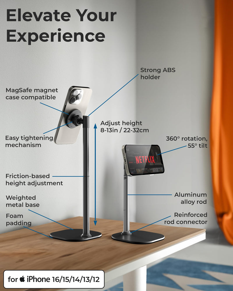 COOPER MagStand - Adjustable Magnetic iPhone Stand for Desk & Phone Holder for Video Recording, Compatible with MagSafe, Stand for iPhone 17 Pro Max, 16/15/14/13/12, Small Mag Safe Tripod (Black) Night Black