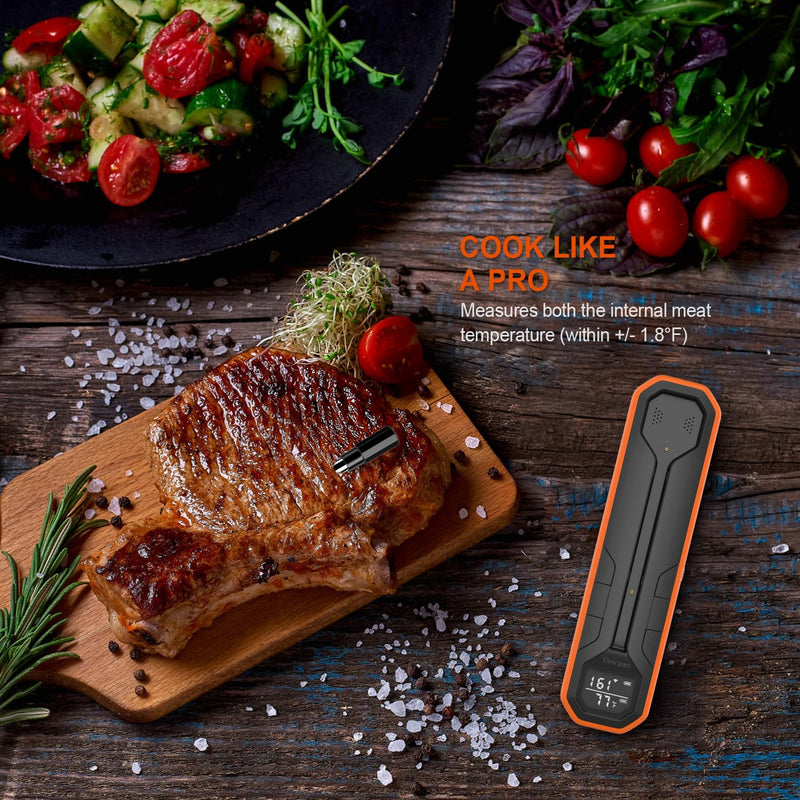 Wireless Meat Thermometer – Digital Cooking Thermometer with Wireless Probe – 500Ft Remote Range Food Thermometer – with iOS & Android Read App -Preprogrammed Temperatures for BBQ, Oven, Grill tangerine