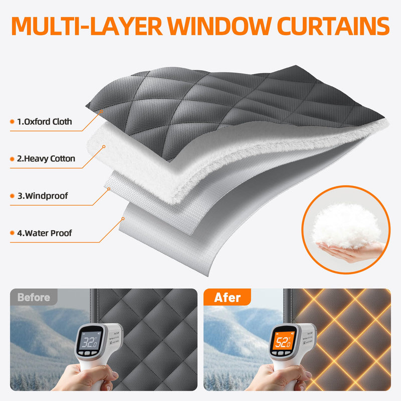 Window Insulation Kit for Winter 47"x63" Cold Weather Thermal Curtain with Heavy Cotton, Insulated Window Cover for Winter & Windows Draft Blocker for Winterizing Windows in Home RV Basement–Black 47"W × 63"H