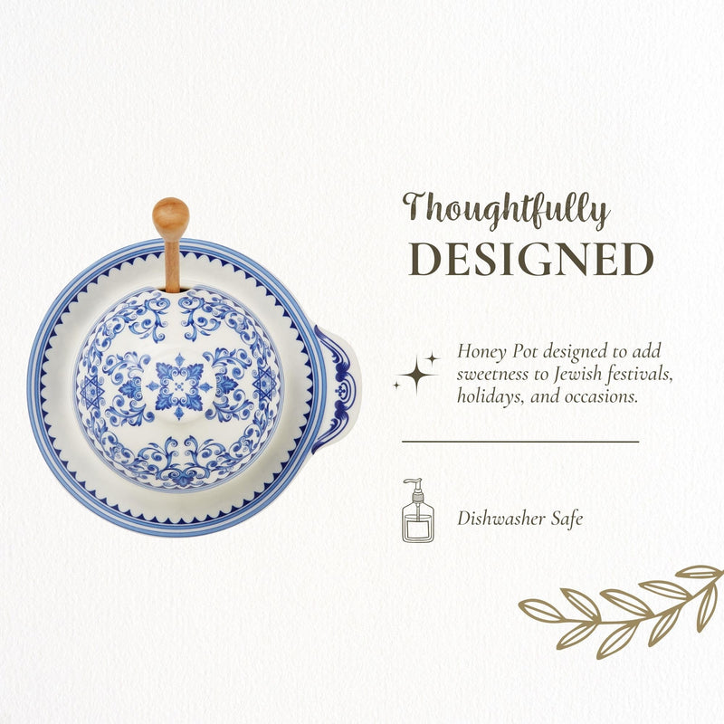 Spode Judaica Honey Pot with Drizzler - 10.5 oz Fine Porcelain Jar with Lid & Wood Dipper, Rosh Hashanah Gift for Holiday Tables - Great for Hanukkah, New Year, Thoughtful Hostess Present