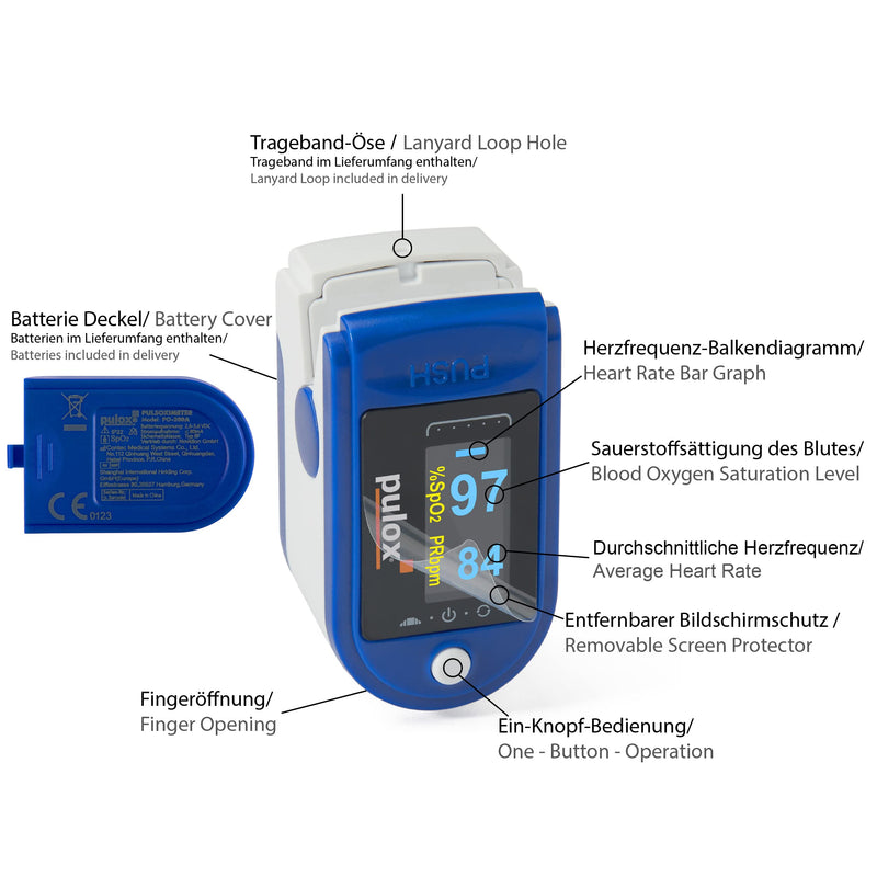 Pulse oximeter Pulox PO-200A with alarm, pulse tone and accessory set for measuring SpO2, pulse and PI - blue