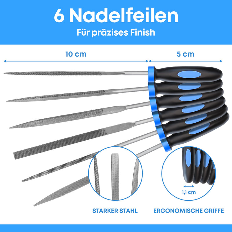 6-pc Needle File Set for Wood, Metal, Plastic & Jewellery - Small Round, Half-Round, Square, Triangle, Flat & Flat Pointed Files - Handy Tools for Fine Finishing w/Ergonomic Handles
