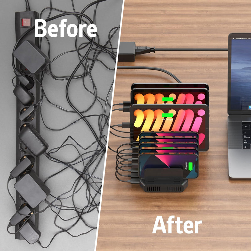 Alxum USB Fast Charging Station with Quick Charge 3.0, 10 Port Charging Stand for Multiple Devices, Compatible with iPad, iPhone, Samsung Galaxy, Black