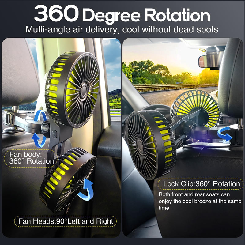 Dealswin Car Fan for Backseat kids, Dual Head USB Car Seat Fan, 360° Rotatable Strong Wind Car Rear Headrest Fan for Baby, Air Circulation Fan with Adjustable Clip for Vehicles SUV RV Yellow