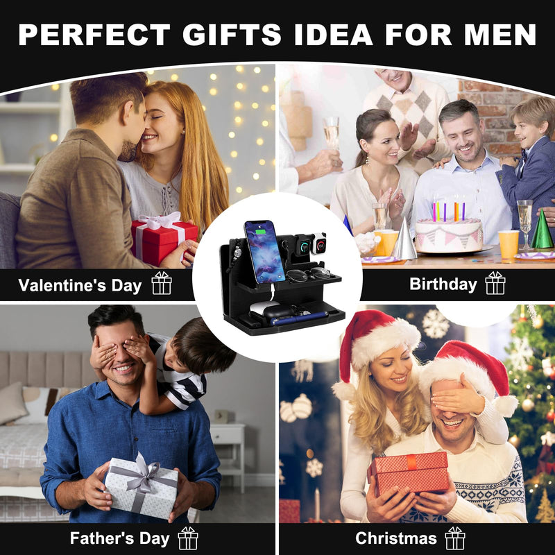 Gifts for Men Desk or Nightstand Organizer - Wood Phone Docking Station - Birthday Gifts for Husband, Fathers Day for Dad - Anniversary Idea from Wife - Key Holder, Stand Wallet, Watch & Essentials Black