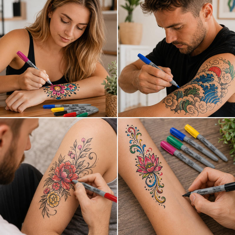 6-Piece Tattoo Felt Pen Set, Surgical Skin Marker with Fine Tip, Water-based Non-Toxic Ink, Precise Positioning for Tattoo Preliminaries, Makeup Designs and Contours