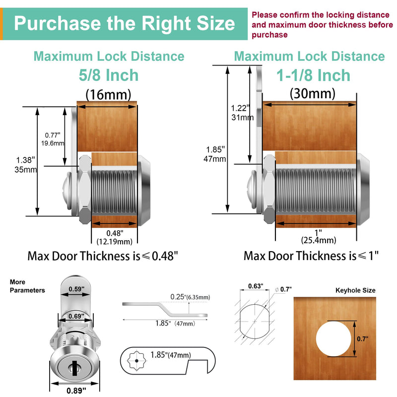 8 Pack Cabinet Locks, 1-1/8" Cam Lock Keyed Alike, Mailbox Lock Secure Drawer Mailbox Tool Box RV Storage Door, Zinc Alloy 8 Pack 1-1/8 Inch Silver