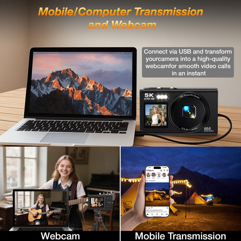 Dual Screen 5K Digital Camera for Vlogging, 80MP WiFi Camera with Front Display, 18X Zoom, Fill Light, Includes 64GB Card & 2 Batteries S150PRO