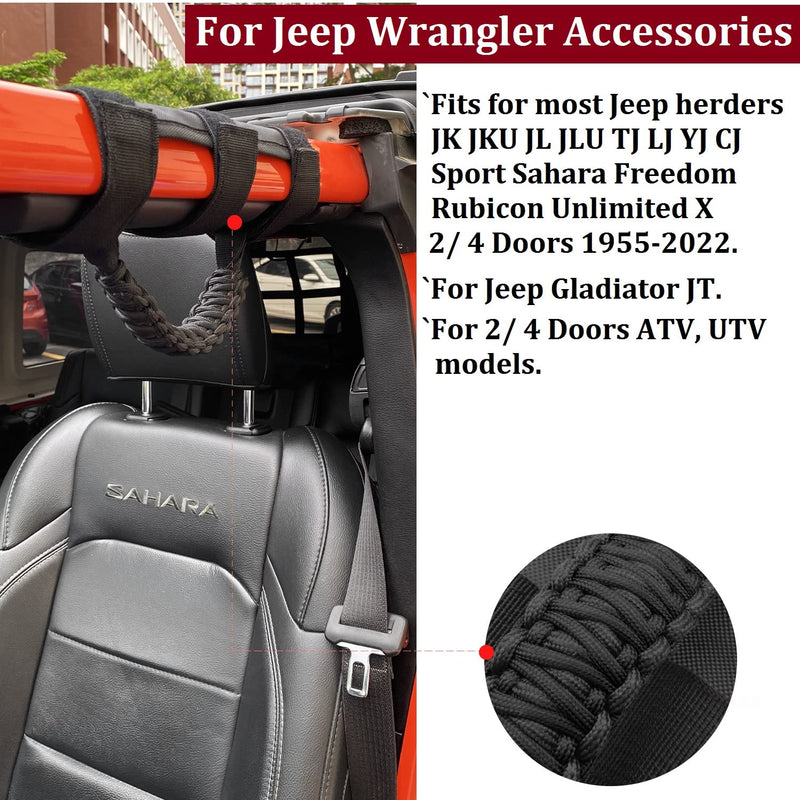 for Jeep Wrangler Accessories Roll Bar Grab Grip Handle Trim for Jeep Wrangler YJ TJ JK JKU JL JLU 1955-2023 Gladiator JT UTV & ATV Door Assist Woven Holder (Black, 2PCS) Standard* 2 Black