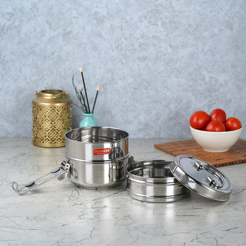 Sumeet Stainless Steel 3 Compartment Lunch Box/Tiffin with Lid and Handle, 11.5Cm Dia, (1500ML, Silver) | Stackable, Traditional Tiffin Container / Dabba with Handle for Office, 11.5Cm Diameter 1500ml 3 Tier