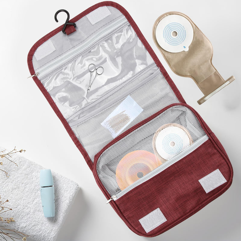 Ostomy Travel Bag, Hanging Ostomy Supply Bag for Colostomy, Ileostomy, Foley Catheter, Medical Supply Organizer (Wine Red) Wine Red