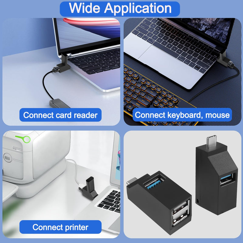 USB C to USB Adapter,3Port USB C Hub Adapter 2 Pcs 90 Degree USB Hub Splitter 1 USB 3.0 and 2 USB 2.0 Port Portable Powered Data for Connecting Mobile Hard Disk, U Disk, Camera, Mouse,etc