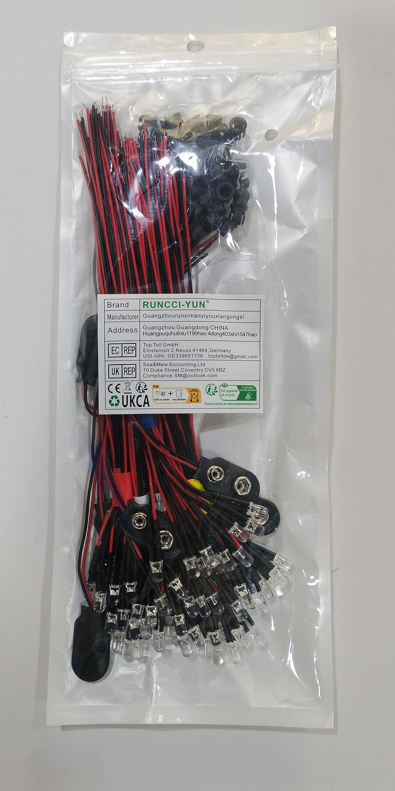 RUNCCI-YUN 60pcs DC 12V pre-wired light, 5mm LEDs with 20cm cable, pre-wired LED diodes light white warm white red blue green yellow + 60pcs 5mm plastic LED mounting rings + 9V battery connection 5mm & warm white white red blue green yellow