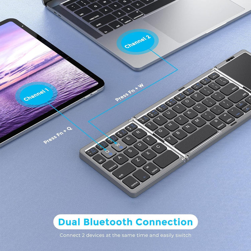 seenda Foldable Bluetooth Keyboard for Travel, Tri-Folding Wireless Portable Keyboard with Touchpad, Rechargeable Multi-Device Small Keyboard, for Laptop Tablet PC Smartphone Windows iOS Android Dark Grey