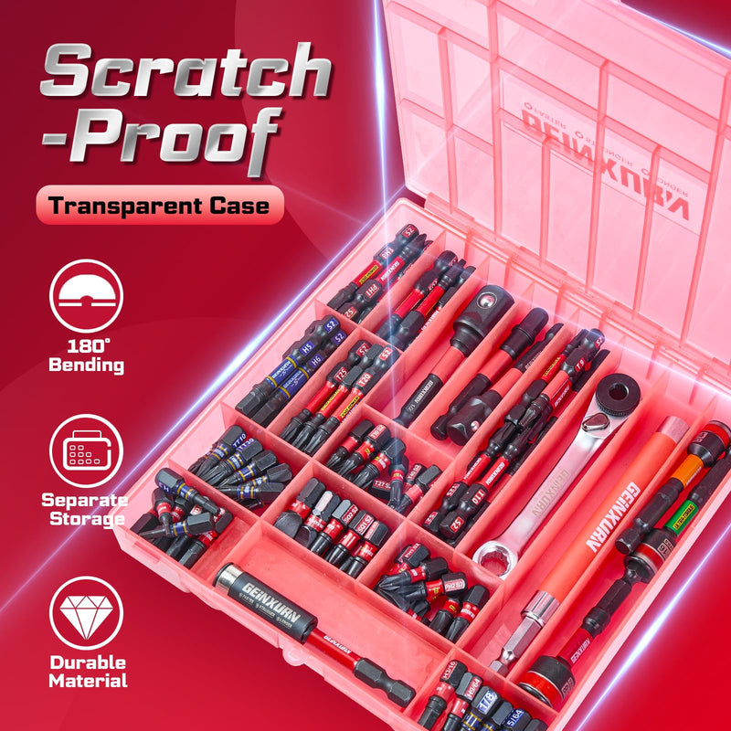Geinxurn 100Pieces 1”/2” Impact Screwdriver Bits Set, Magnetic S2 Steel (Phillips/Slotted/Square/Torx/Hex/Security Torx) Driver Bits Tips,Impact Bit Holder and Nut Driver with Red Storage Box Case 1"/2"-100PCS Multi-bit 100