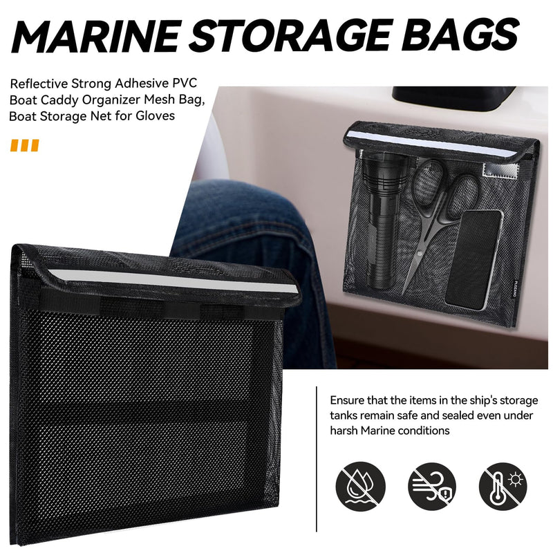 Boat Storage Bag, Boat Storage Caddy Organizer, Reflective Leak-Proof Mesh Bag with Lid, Adhesive Mount, 13.4"x9.8", for Gloves, Flashlight