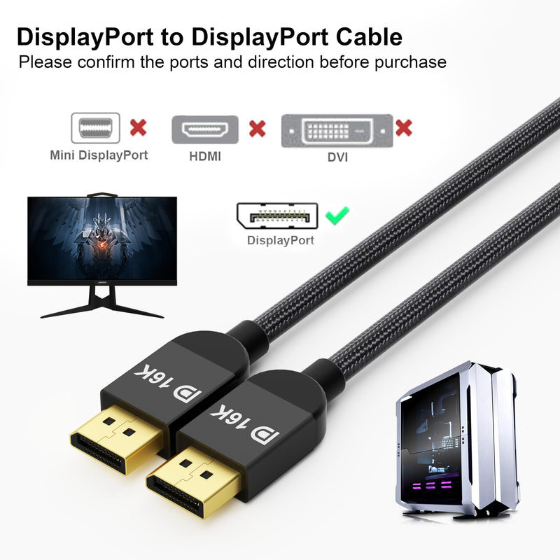 Displayport Cable 2.1, 16K DP Cable 6.6ft, Supports 80Gbps, UHBR20, 16K@60Hz, 8K@120Hz, 4K@240Hz 165Hz 144Hz, HDR DSC 1.2a, Compatible FreeSync/G-Sync 4090 3090Ti 7900XTX Graphics Card