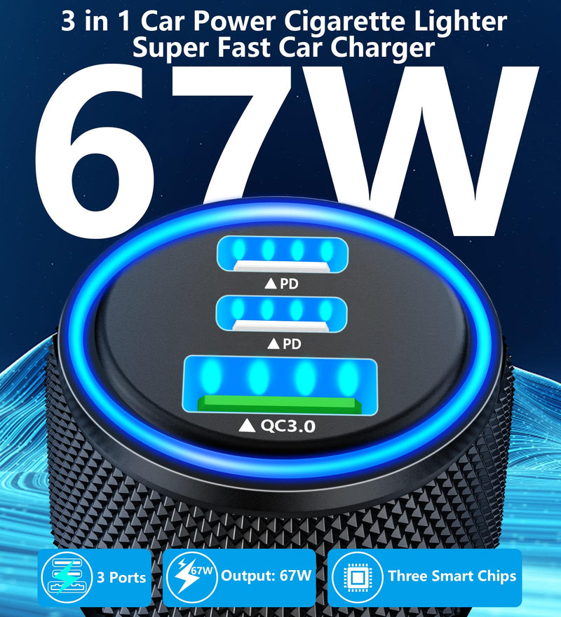 【MFi Certified】iPhone 15 Fast Car Charger, Rombica 3-Port 67W USB-C&USB-A Car Power Cigarette Lighter PD/QC Type-C Fast Car Charging+Type-C Braided Cable for iPhone 15 Pro/15 Pro Max/Galaxy/Pixel/iPad Zinc Alloy Black
