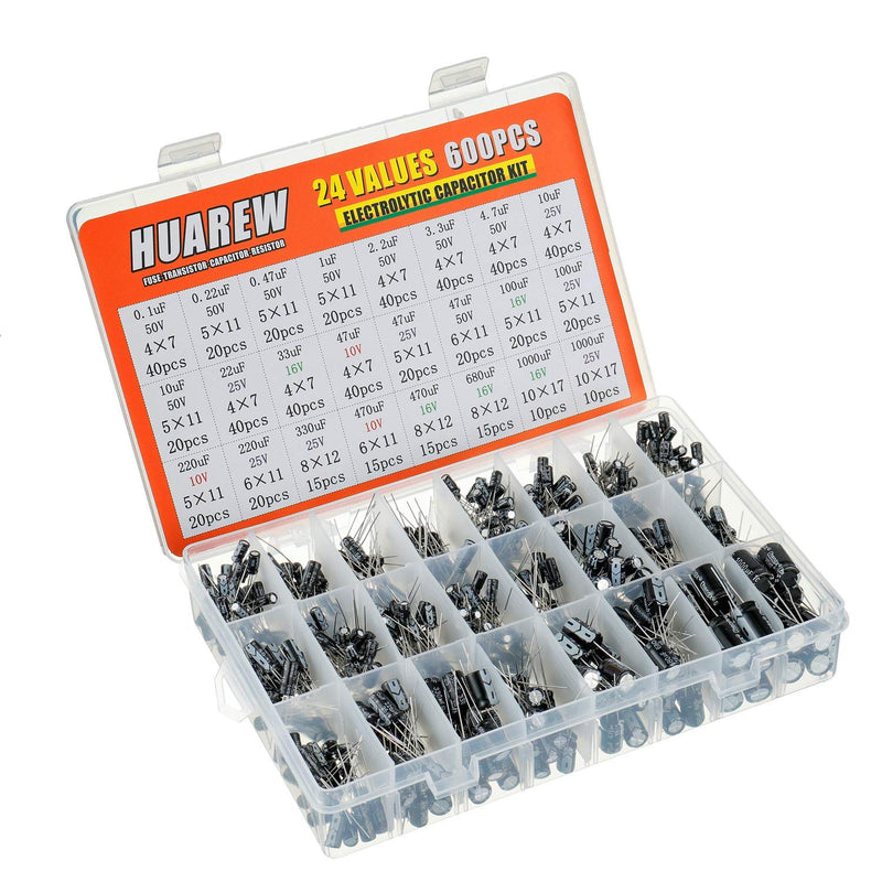 HUAREW 24 Values 600pcs 0.1uF to 1000uF MFD 10 16 25 50V Volt Aluminum Electrolytic Capacitor Classification Kit