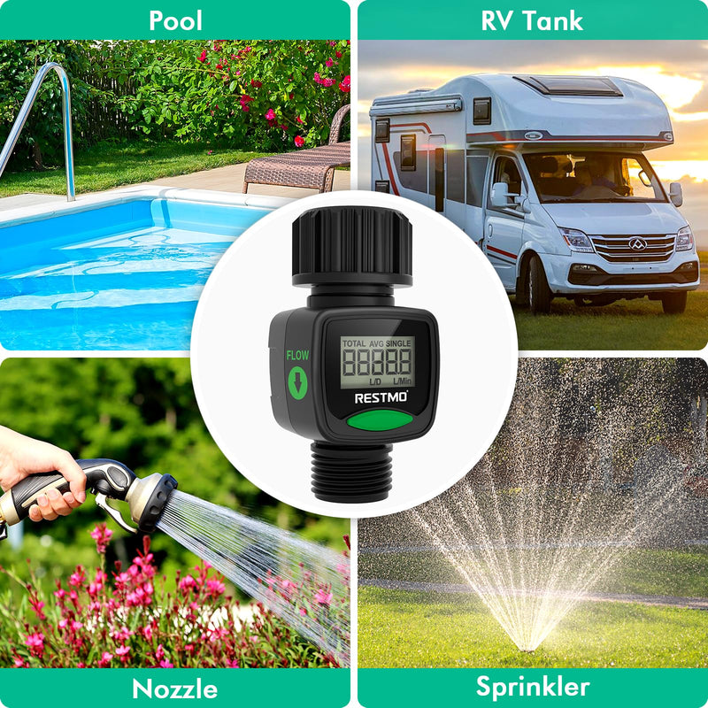 RESTMO Water Flow Meter, High Measure Accuracy, Measure Gallon/Liter Consumption and Flow Rate for Outdoor Garden Hose Watering, RV Water Tank Filling, Lawn Sprinkler and Nozzle Sprayer 1 Pack
