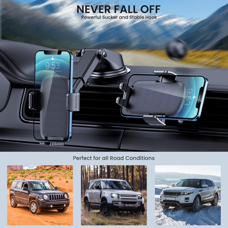 TICILFO Phone Mount for Car Phone Holder [Military-Grade Suction & Stable Clip] Car Phone Holder Mount Windshield Dashboard Air Vent Universal Automobile Mount Fit for All iPhone Android Smartphones Rubber