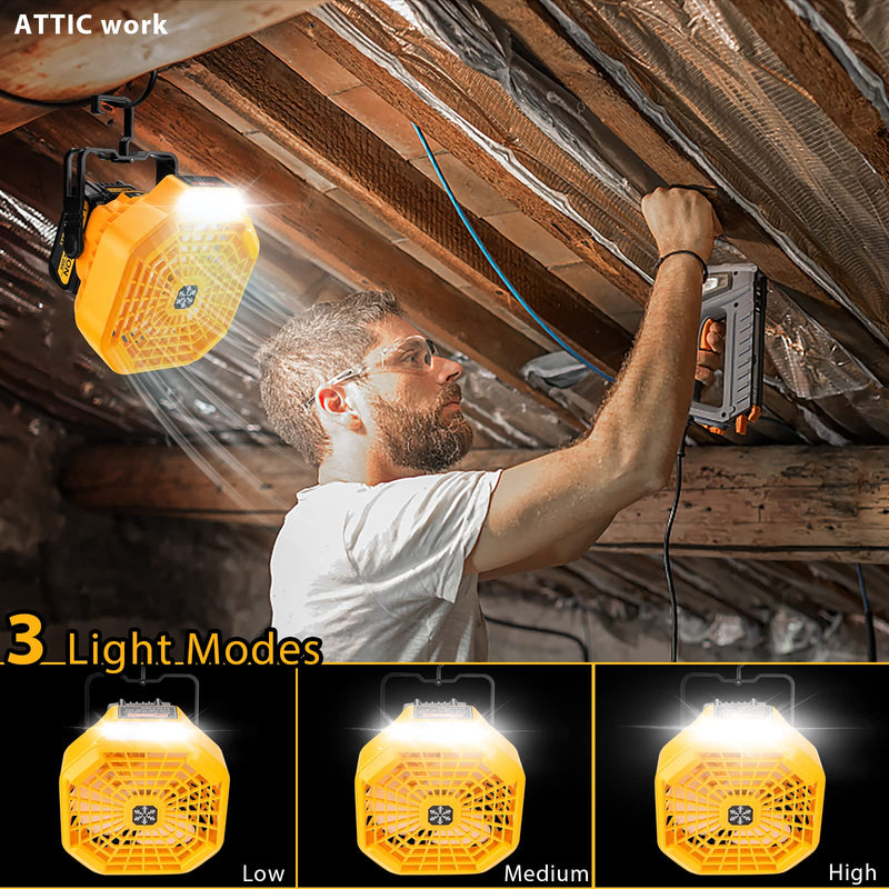 Taingwei Portable Fan with Remote for Dewalt 20v 60v Battery,Battery Operated Fan with 3 Energy Efficient Speed Settings and Dimmable Led Light for Camping,Emergency and Job Site(Tool Only) Camping Fan