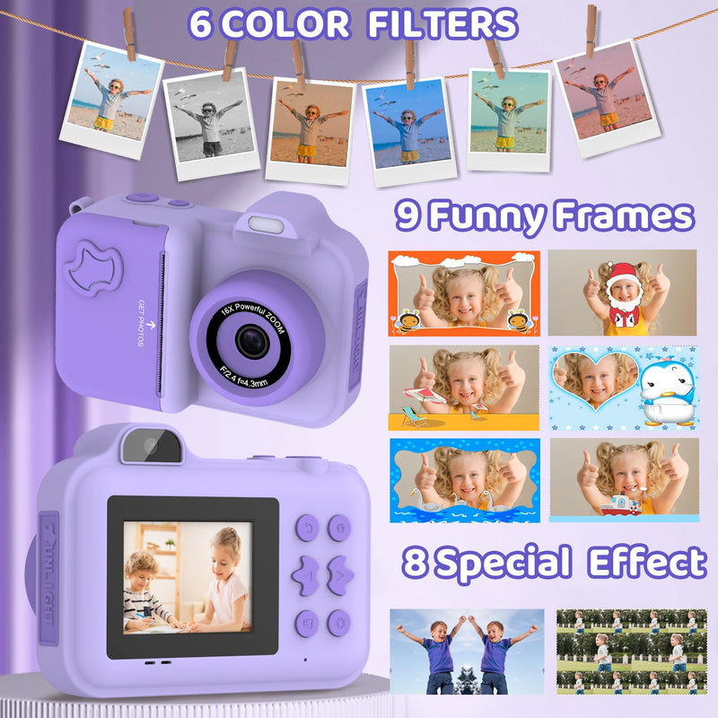 Kids Camera Instant Print,Kids Digital Camera 1080P HD Dual-Lens Selfie,Instant Print Camera with 5 Rolls Paper & 32GB Card,Toddler Camera Christmas Birthday Gifts for Girls Boys Age 3-12 Purple