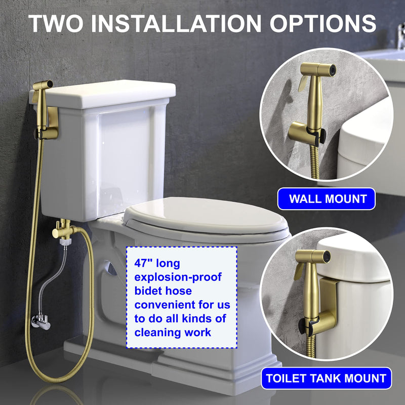 SHAMANDA Handheld Bidet Sprayer for Toilet, Stainless Steel Baby Cloth Diaper Sprayer Kit, Bathroom Toilet Bidet Attachment Set for Bathing Pets Feminine Hygiene, Brushed Gold BDS01-3 Cold Water Mode Only