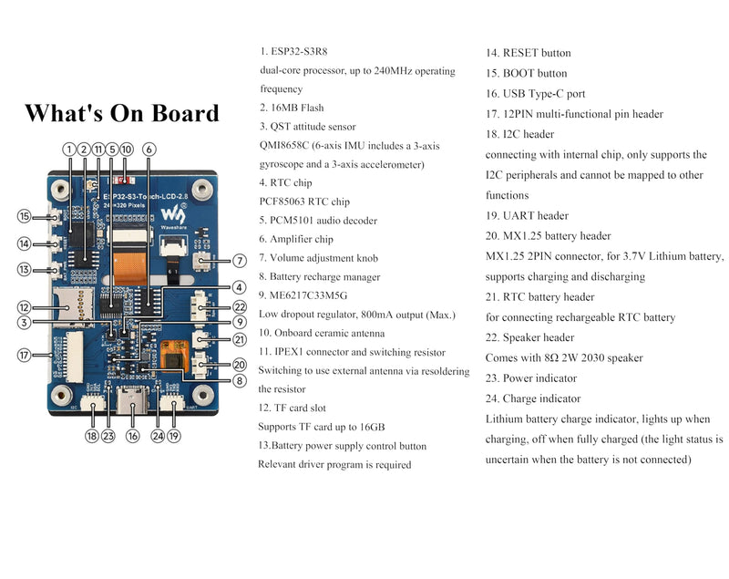 ESP32-S3 2.8inch Display Development Board, Onboard 2.8inch IPS LCD240×320 Resolution, 32-bit LX7 Dual-Core Processor, Up to 240MHz Frequency, Supports WiFi & Bluetooth, with Onboard Antenna