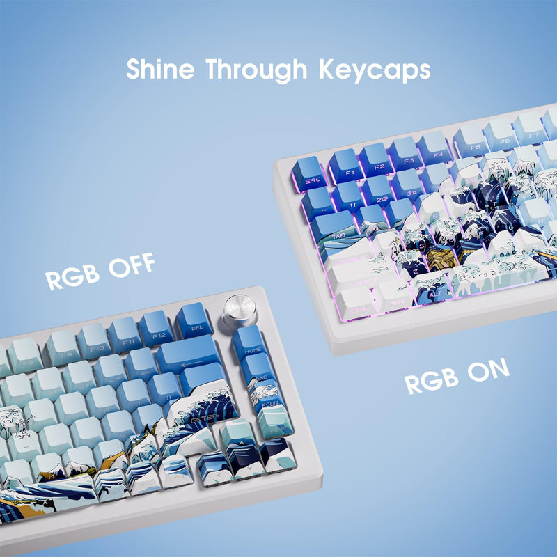 HITIME XVX Shine Through Keycaps, Side Print PBT Keycaps 75 Percent Dye Sub, 131 Keys Cherry Profile Custom Keycaps 60 Percent, Wave of Kanagawa Double Shot Keyboard Key caps for Mechanical Keyboards Blue Kanagawa Theme