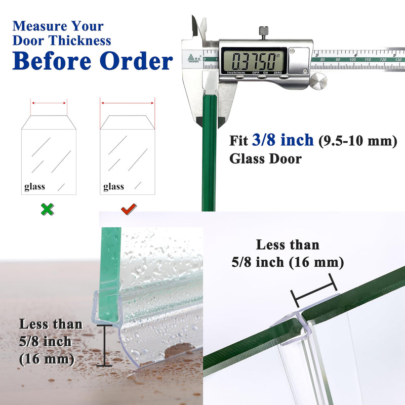 Frameless Shower Door Seal Strip 2 Pack x 78 Inch H for 3/8" Thick Glass Shower Door Side Seal Strip Bottom Seal Door Sweep, Ultra Clear Polycarbonate Stop Shower Leaks Create A Water Barrier 2PCS x 78" for 3/8" H (For Side & Bottom)