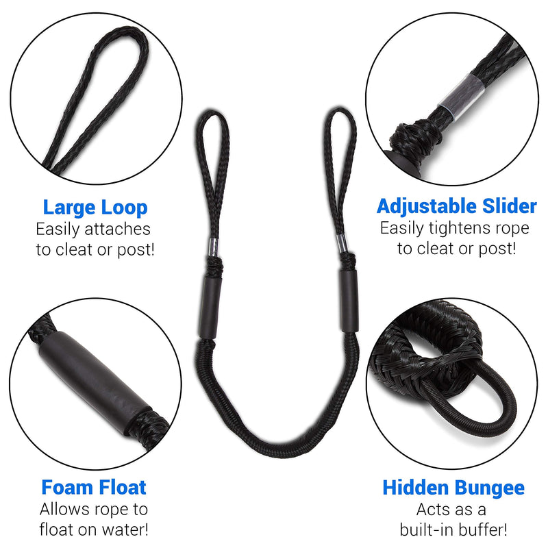 Bungee Dock Line 2-Pack - 4ft, Adjustable No-Jerk Boat & Kayak Ties, Premium Mooring Ropes, Essential Boat Accessories, Ideal Kayak Accessories, Includes Free Docking E-Book by Domabri (Black) Non-Custom Black