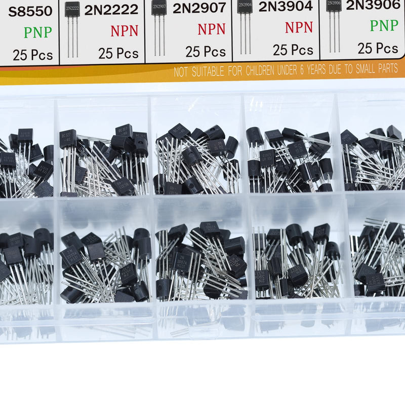 AUKENIEN BJT Transistor Transistors Assortment Kit 10 Values 250pcs NPN PNP Power General Transistors 2N2222 2N2907 2N3904 2N3906 A1015 BC327 BC337 C1815 S8050 S8550 TO-92 BJT-10 Values