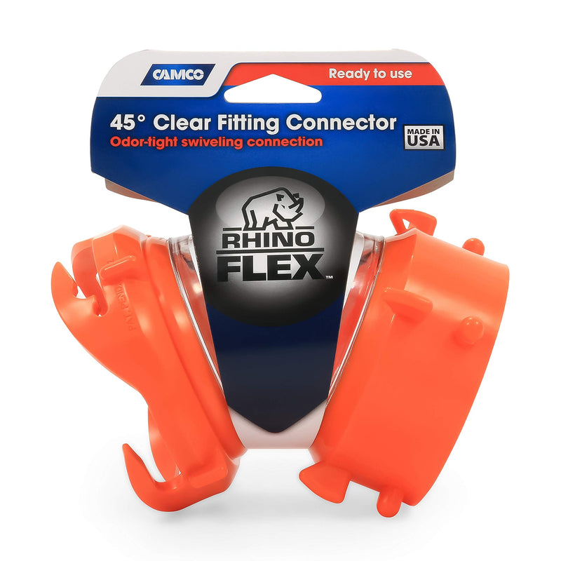 Camco RhinoFLEX Clear 45-Degree Camper/RV Sewer Hose Swivel Fitting - Features a Swivel Lug Fitting & a 4-Prong Bayonet Fitting - Made of Heavy-Duty Resin (39847) 45 Degree